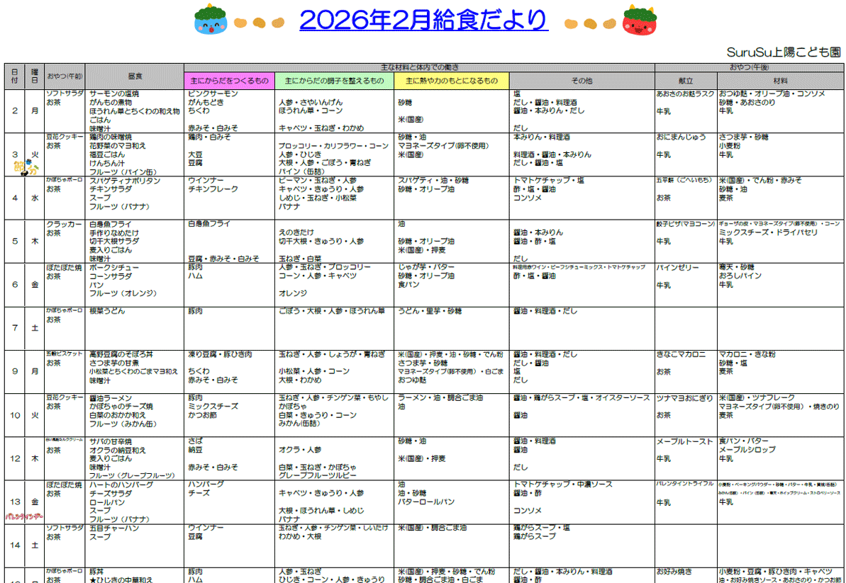 2026年2月の給食献立
