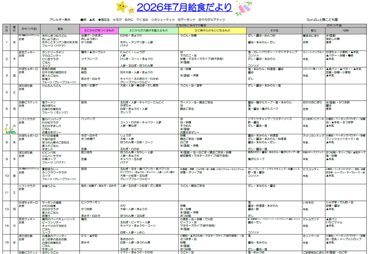 2026年7月の給食献立